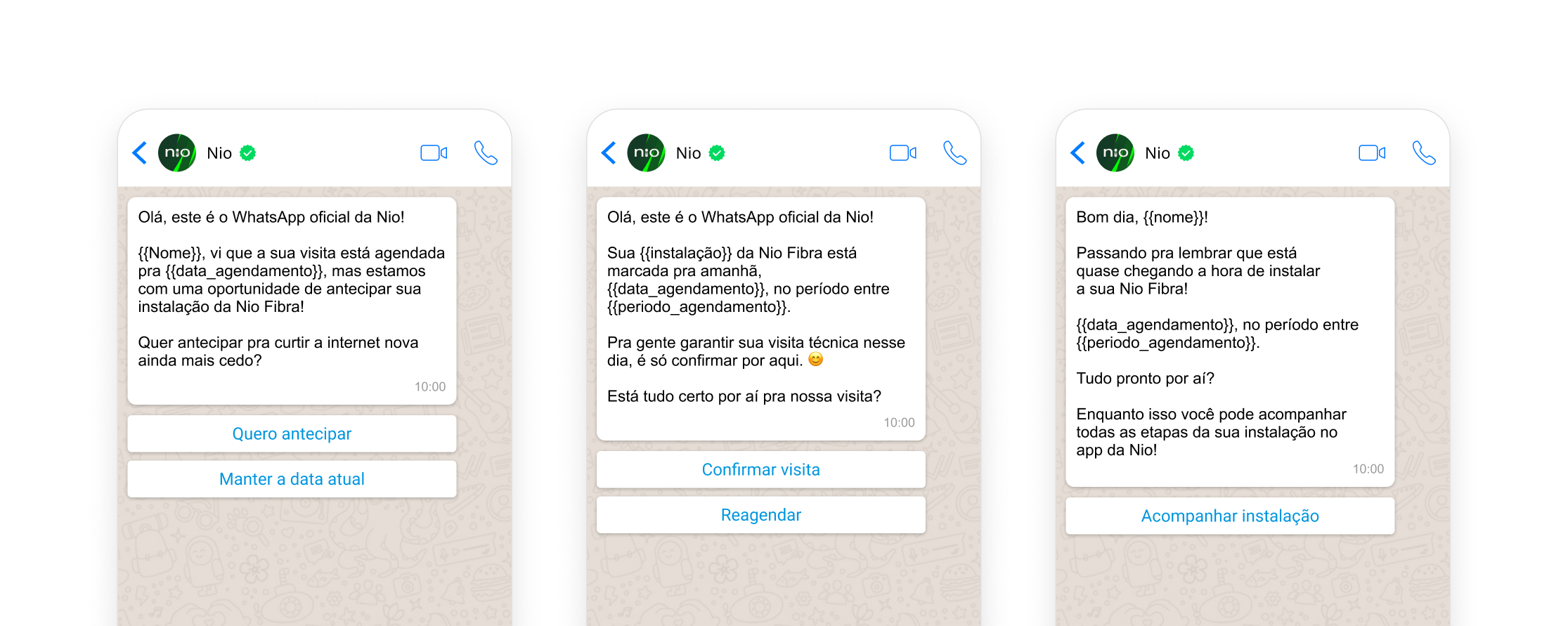 Três HSMs da régua de Confirmação no WhatsApp: oferta de antecipação, confirmação de visita e lembrete no dia anterior, com variáveis de template visíveis